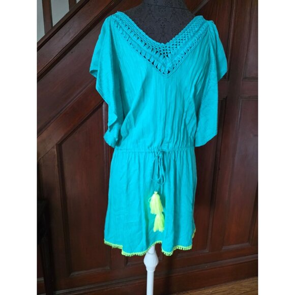 Trina Turk Aqua Crochet V-Neck Dress With Tassels & Drawstring Waist - Picture 1 of 7